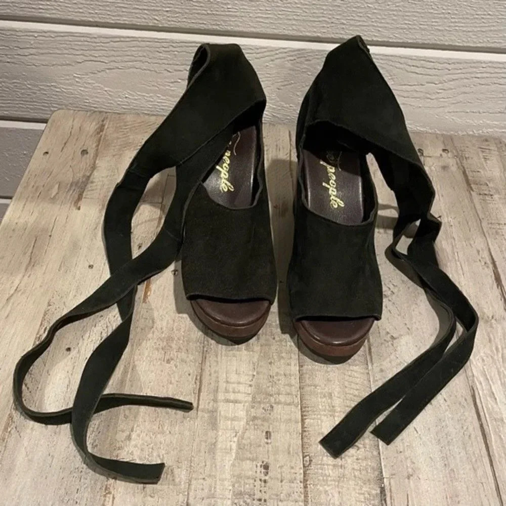 Free People Olive Wood Suede Wrap Heels Size 8 - Picture 2 of 5